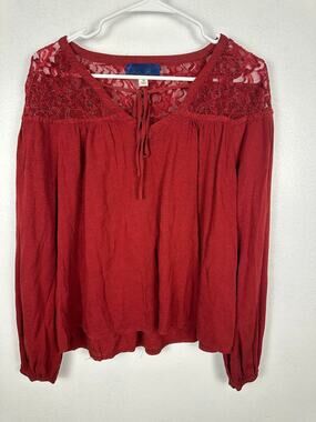 Blue Rain burgundy long-sleeve peasant blouse sheer lace V-neckline Medium